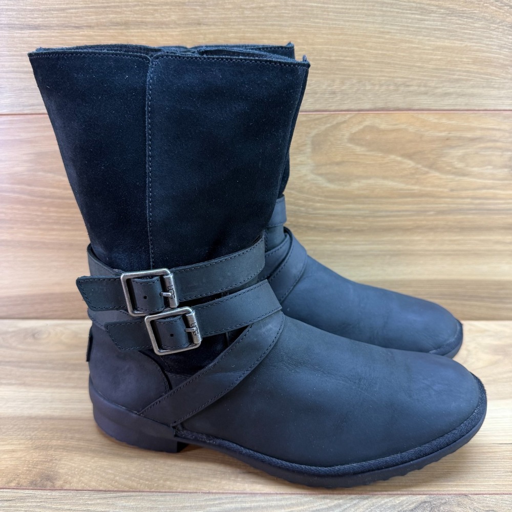 UGG Lorna Buckle Boots Womens 9 Black Leather Zip Sherpa Fur Lined Gorpcore